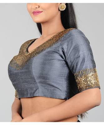Grey embroidered Raw Silk Designer Blouse 3
