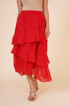 Women's Chiffon Ruffle Skirt with elastic in Red