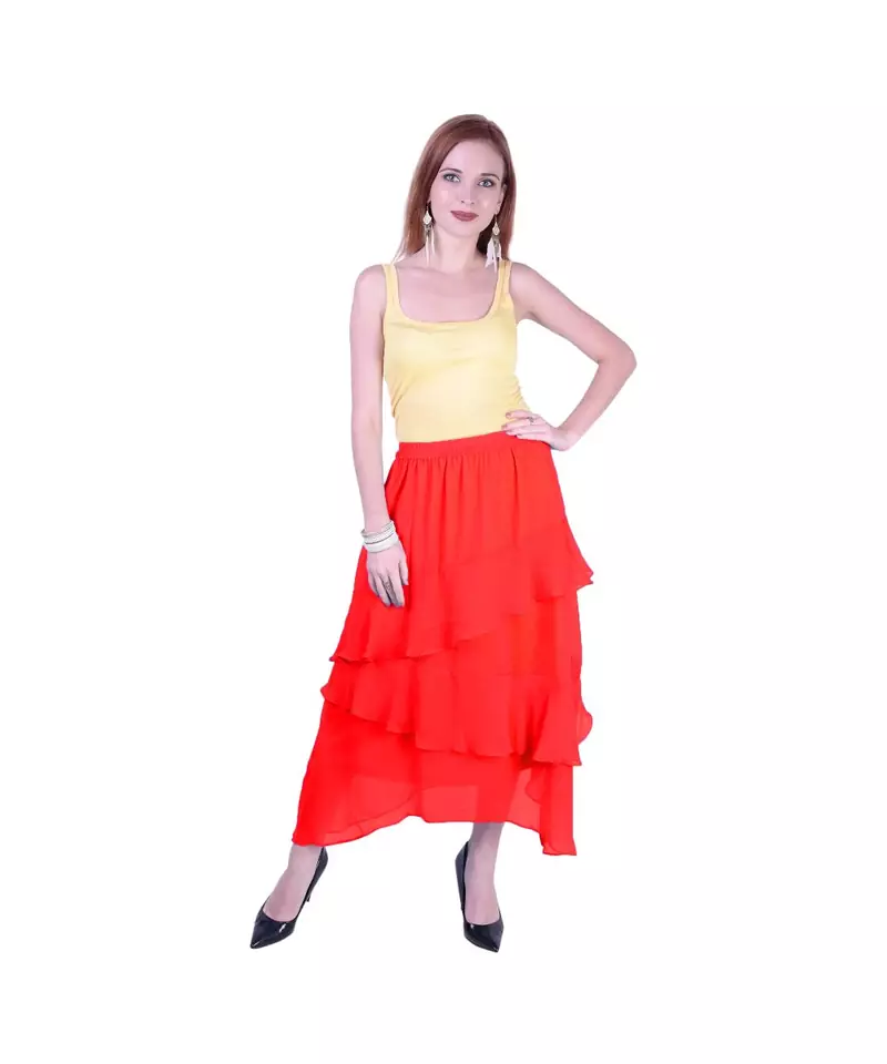 Women's Chiffon Ruffle Skirt with elastic in Red