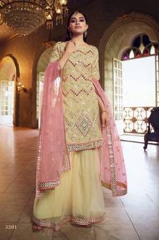 Beige Thread embroidered with foil mirror organza gharara suit