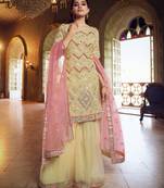 Beige Thread embroidered with foil mirror organza gharara suit