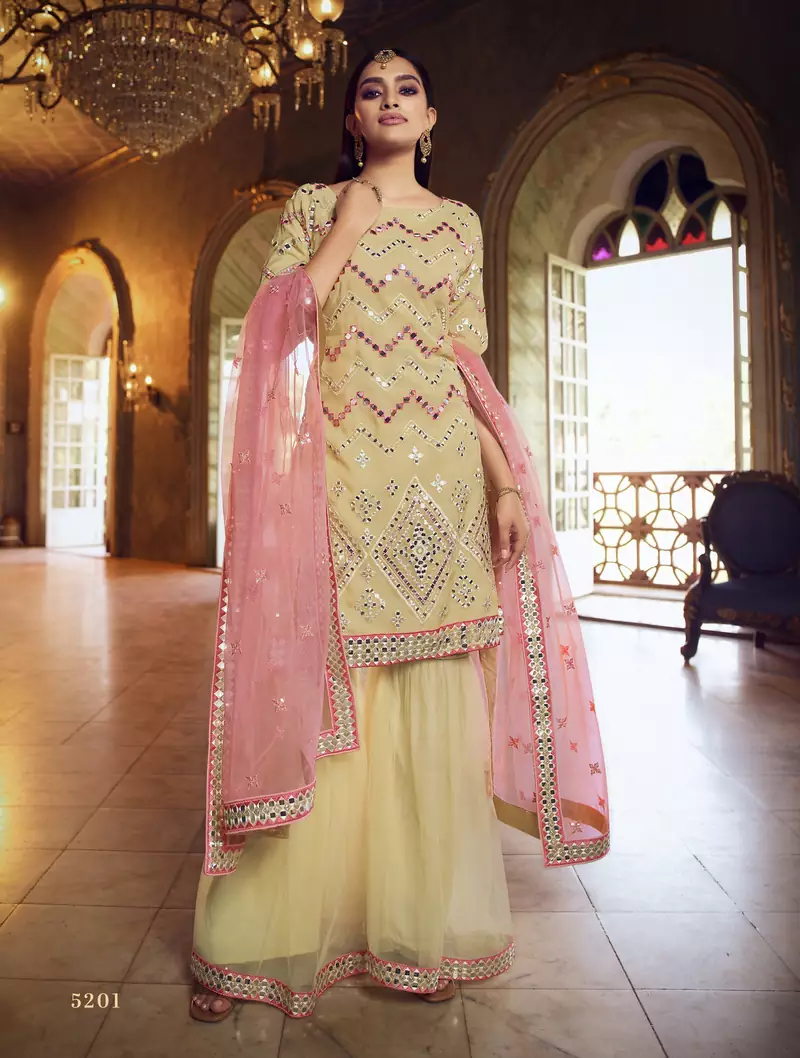 Beige Thread embroidered with foil mirror organza gharara suit