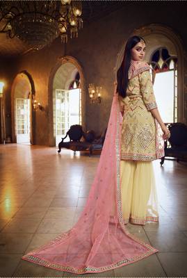 Beige Thread embroidered with foil mirror organza gharara suit 3
