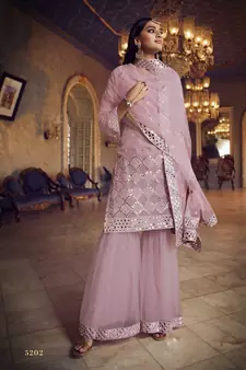 Baby-pink Thread embroidered with foil mirror organza gharara suit