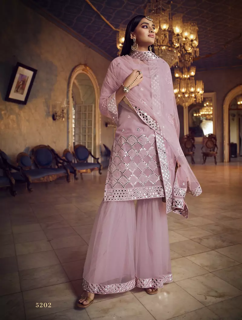 Baby-pink Thread embroidered with foil mirror organza gharara suit