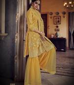 Mustard yellow Thread embroidered with foil mirror organza gharara suit