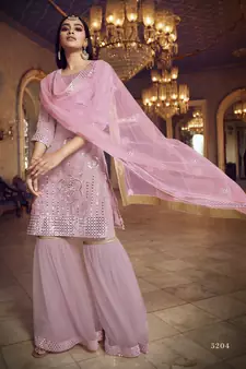 Baby-pink Thread embroidered with foil mirror organza gharara suit