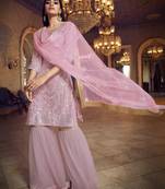 Baby-pink Thread embroidered with foil mirror organza gharara suit