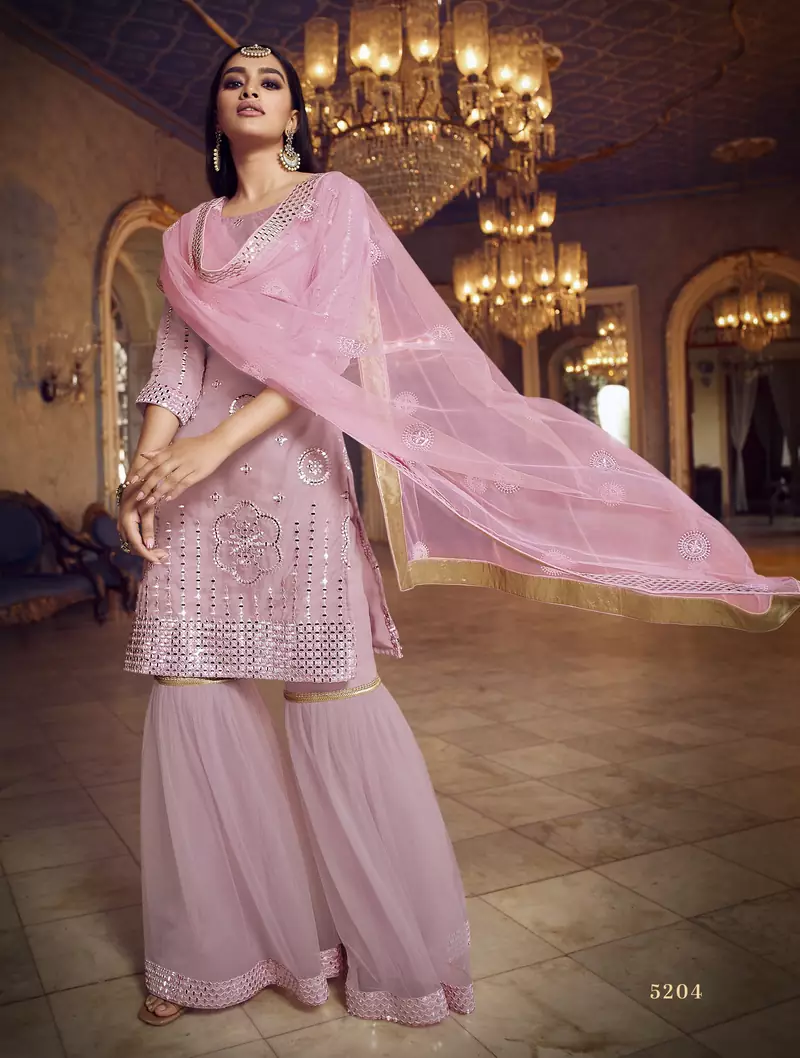 Baby-pink Thread embroidered with foil mirror organza gharara suit