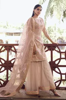 Light-peach Thread embroidered with foil mirror organza gharara suit