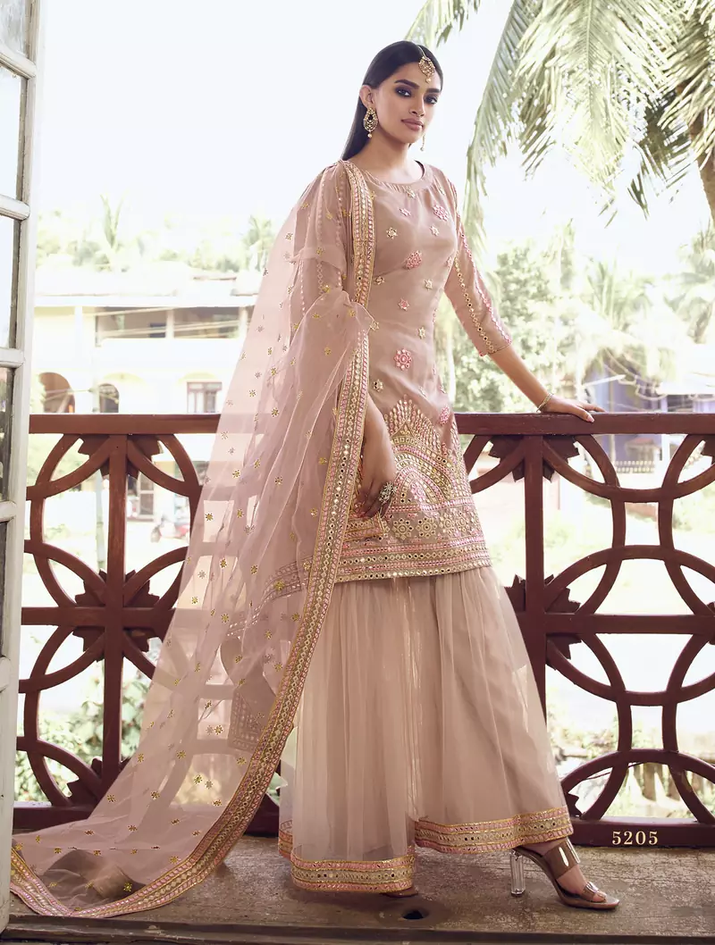 Light-peach Thread embroidered with foil mirror organza gharara suit