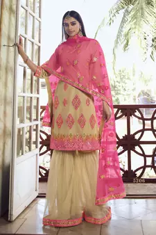 Beige Thread embroidered with foil mirror organza gharara suit