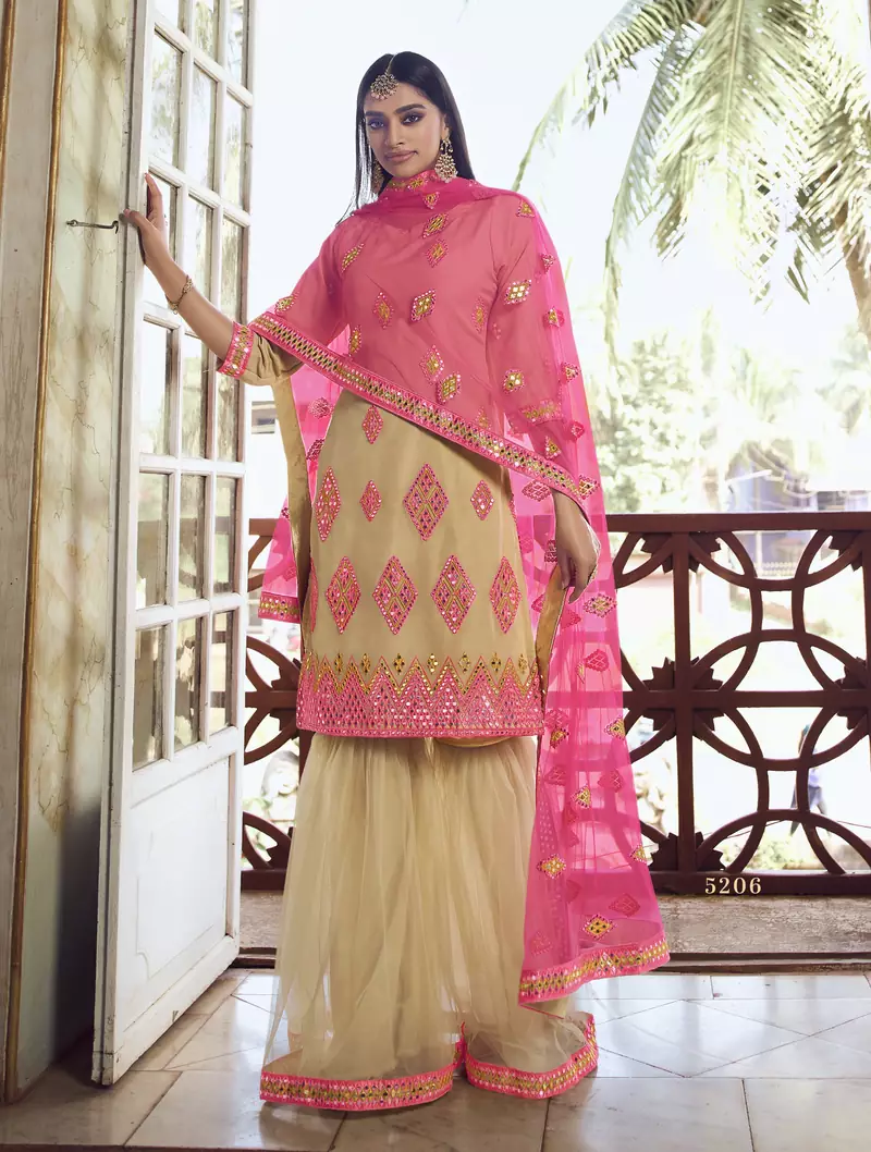 Beige Thread embroidered with foil mirror organza gharara suit