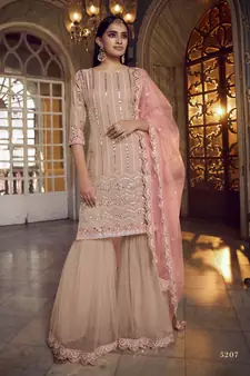 Peach Thread embroidered with foil mirror organza gharara suit