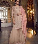 Peach Thread embroidered with foil mirror organza gharara suit