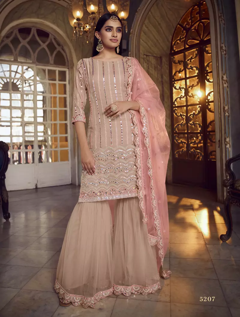 Peach Thread embroidered with foil mirror organza gharara suit