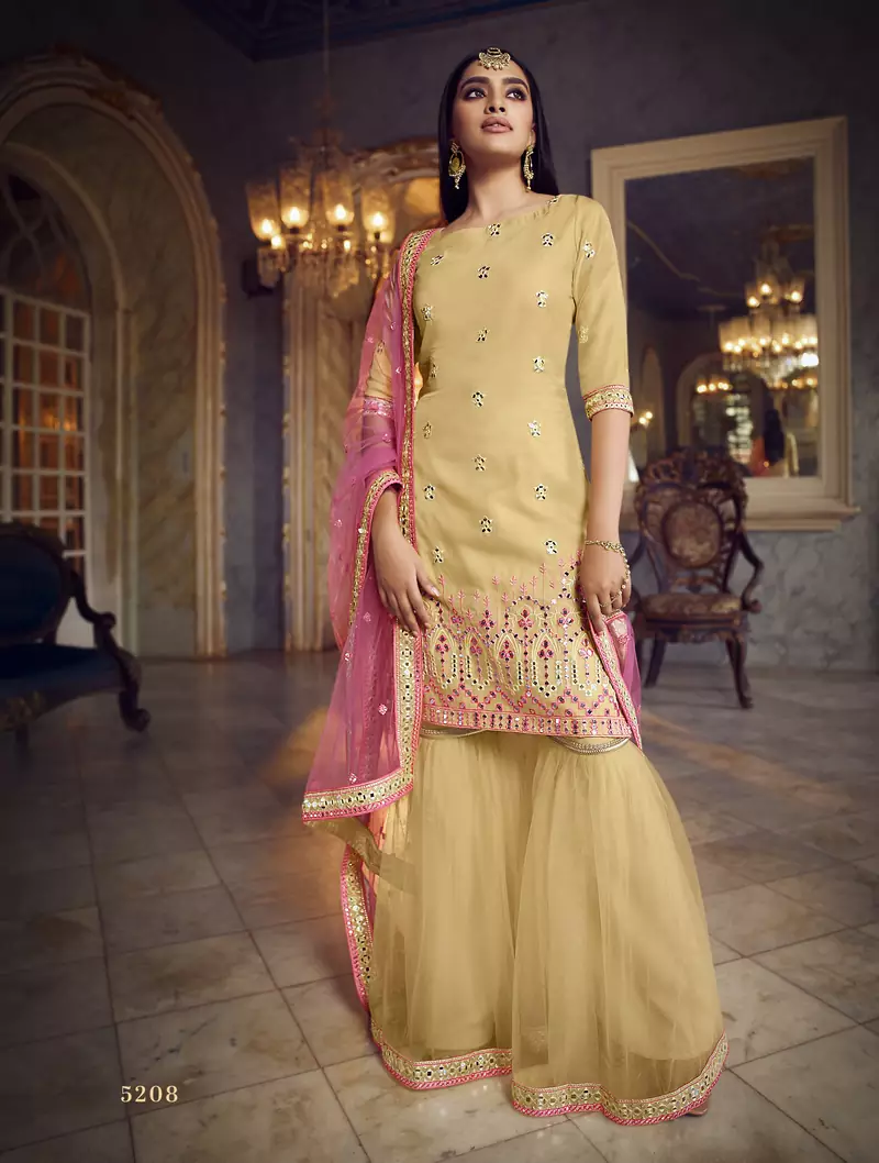 Glamorous Beige Colored Thread embroidered with foil mirror work organza Fabric gharara type Sharara suit for festive