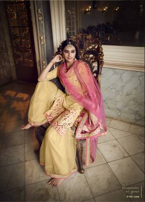 Beige Colored Thread Embroidered With Foil Mirror Work Organza Gharara Type Sharara Suit For Festive 3