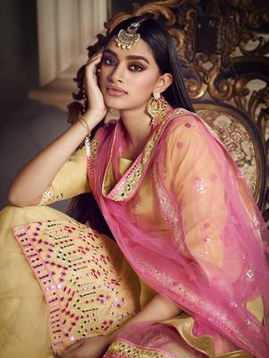 Beige Colored Thread Embroidered With Foil Mirror Work Organza Gharara Type Sharara Suit For Festive 4
