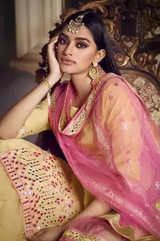 Beige Colored Thread Embroidered With Foil Mirror Work Organza Gharara Type Sharara Suit For Festive