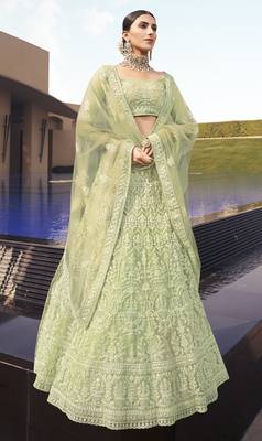 Seductive Light Green dori and sequins embroidered net Semi Stitched Bridal Lehenga 1