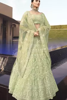 Light Green dori and sequins embroidered net semi stitched bridal lehenga