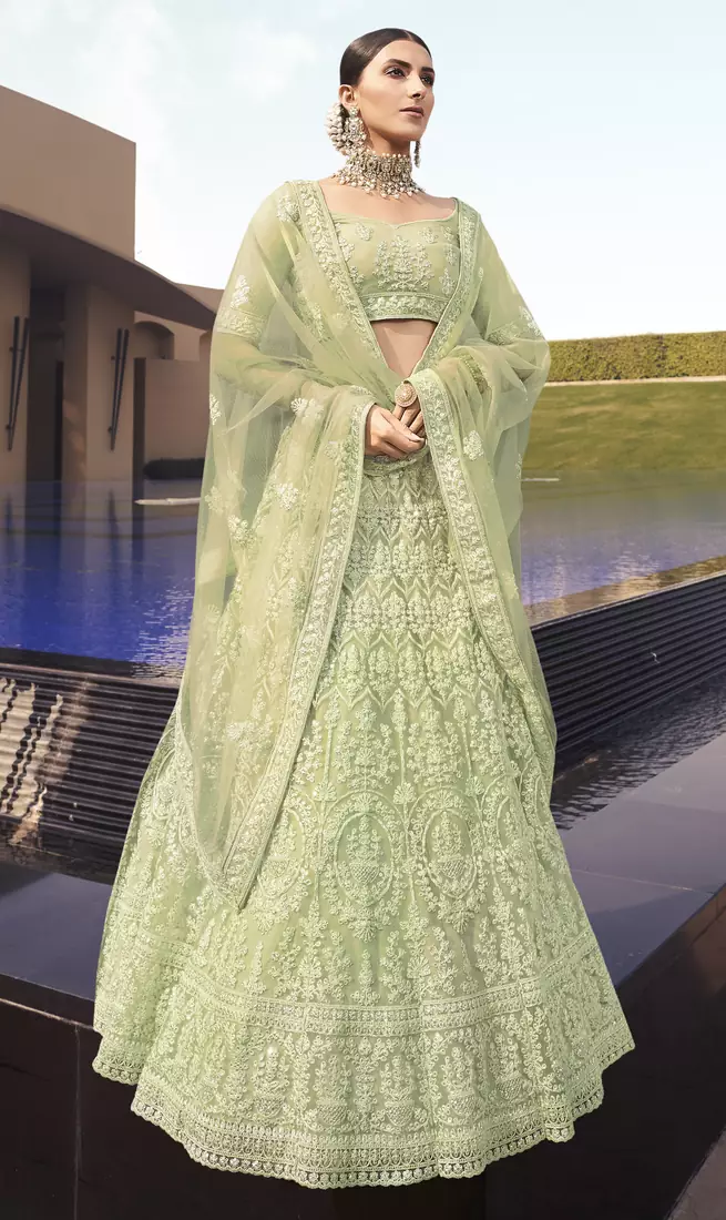 Light Green dori and sequins embroidered net semi stitched bridal lehenga