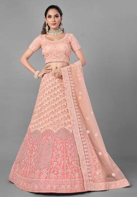 Peach embroidered net Semi Stitched Bridal Lehenga 1