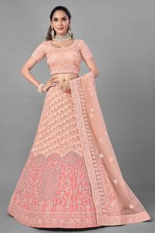 Peach embroidered net Semi Stitched bridal lehenga