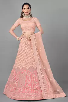 Peach embroidered net Semi Stitched bridal lehenga
