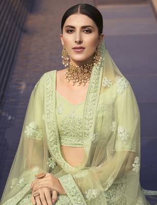 Seductive Light Green dori and sequins embroidered net Semi Stitched Bridal Lehenga 2