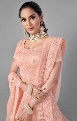 Peach embroidered net Semi Stitched Bridal Lehenga 2