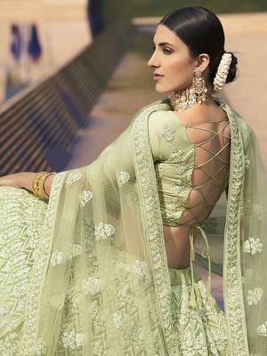 Seductive Light Green dori and sequins embroidered net Semi Stitched Bridal Lehenga 3