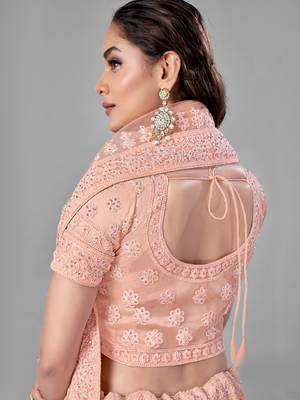 Peach embroidered net Semi Stitched Bridal Lehenga 3
