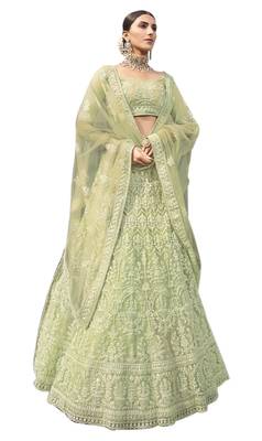 Seductive Light Green dori and sequins embroidered net Semi Stitched Bridal Lehenga 4