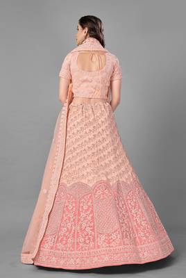 Peach embroidered net Semi Stitched Bridal Lehenga 4