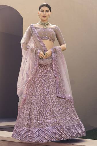 Ravishing Mauve Purple Thread And Sequins Embroidered Net fabric indian designer wedding lehenga choli dress