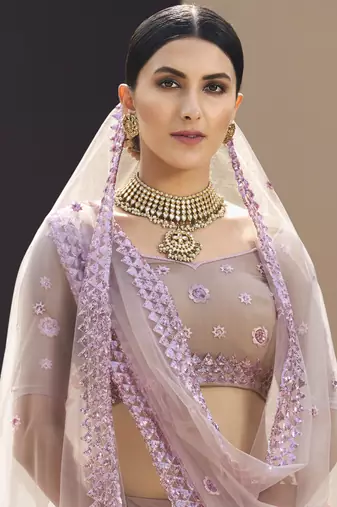 Ravishing Mauve Purple Thread And Sequins Embroidered Net fabric indian designer wedding lehenga choli dress