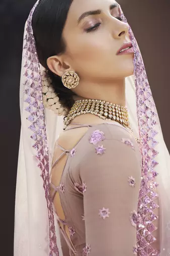 Ravishing Mauve Purple Thread And Sequins Embroidered Net fabric indian designer wedding lehenga choli dress