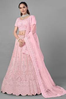 Pink embroidered net Semi Stitched bridal lehenga