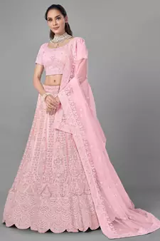 Pink embroidered net Semi Stitched bridal lehenga