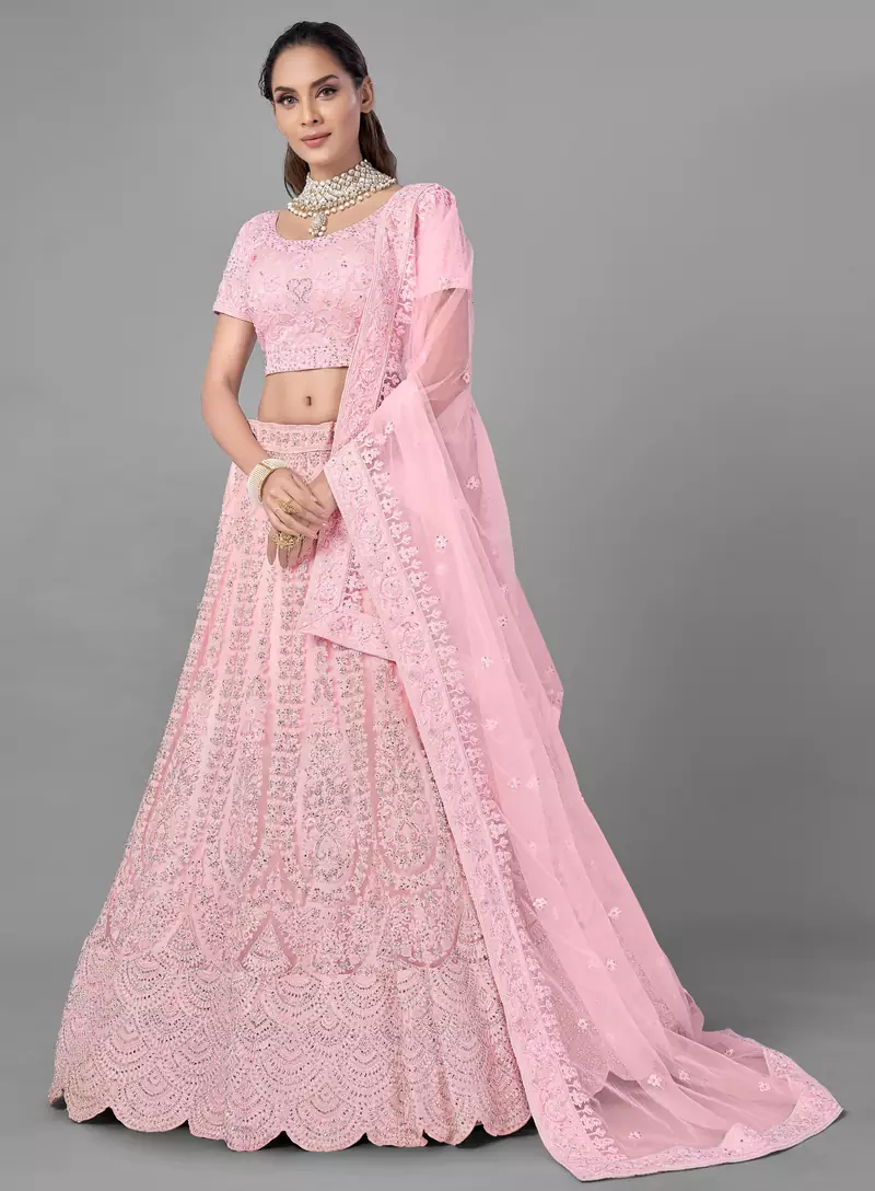 Pink embroidered net Semi Stitched bridal lehenga