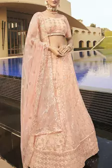 Peach Thread and sequins embroidered net Semi Stitched bridal lehenga