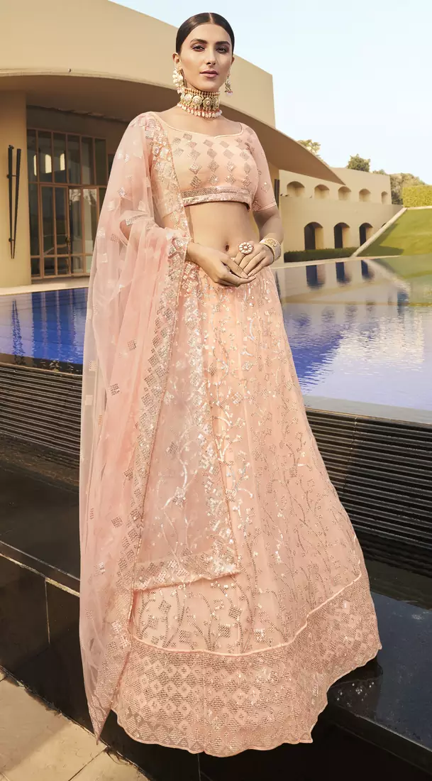 Peach Thread and sequins embroidered net Semi Stitched bridal lehenga