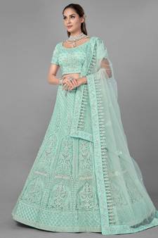 Sea-green embroidered net Semi Stitched bridal lehenga