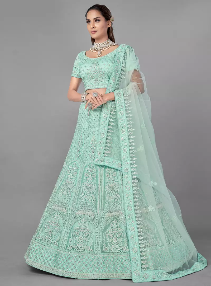 Sea-green embroidered net Semi Stitched bridal lehenga