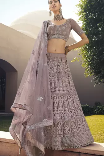 Mauve Purple Dori and Sequins embroidered net Semi Stitched bridal lehenga