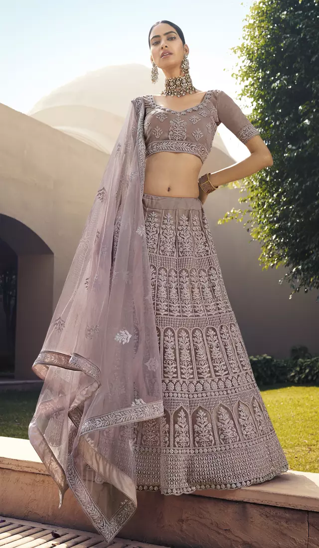 Mauve Purple Dori and Sequins embroidered net Semi Stitched bridal lehenga