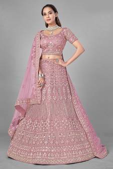Pink embroidered net Semi Stitched bridal lehenga