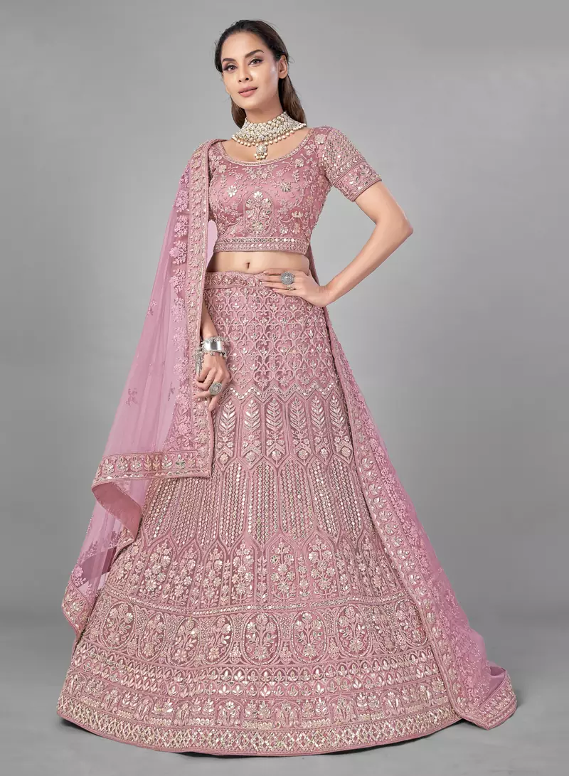 Pink embroidered net Semi Stitched bridal lehenga